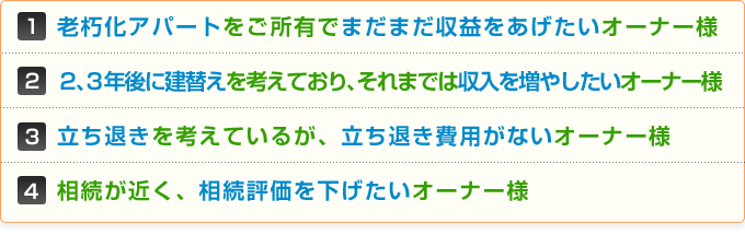 1. 老朽化アパートをご所有でまだまだ収益をあげたいオーナー様。2. 2、3年後に建替えを考えており、それまでは収入を増やしたいオーナー様。3. 立ち退きを考えているが、立ち退き費用がないオーナー様。4. 相続が近く、相続評価を下げたいオーナー様